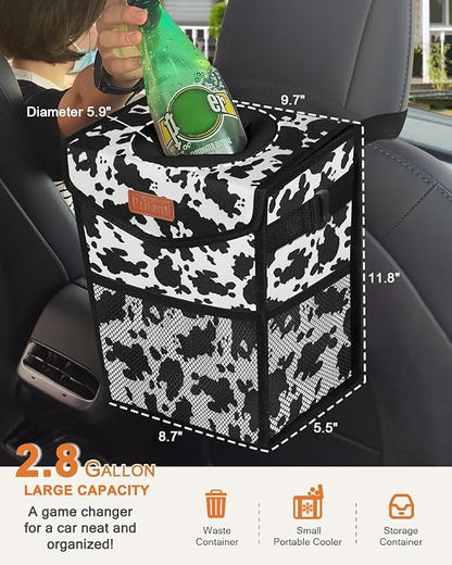 Pritent Car Trash Can with Lid, Cute Leakproof Car Trash Garbage Bag Hanging Vehicle Trash Bin Small Portable Automotive Garbage Cans Organizer for Back/Front Seat/Console(2.8 Gallons,Cow Print)