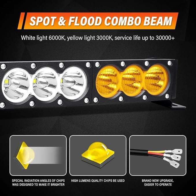 AUXTINGS 17 inch Single Row Dual Color LED Light Bar 90W Off Road Light Bar White Amber Combo LED Work Light Truck UTV 4x4 Cars SUVs ATVs Boats Fog Driving Light with Wiring Harness kit