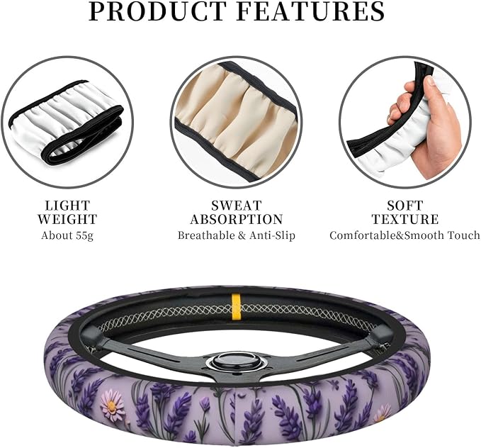 Car Steering Wheel Cover with Anti-Slip Lining, Universal 15 inch Wheel Cover, Fashion Car Interior Accessories for Women Men - Purple Lavender Flower
