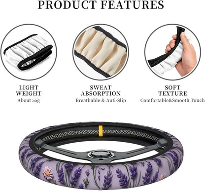 Car Steering Wheel Cover with Anti-Slip Lining, Universal 15 inch Wheel Cover, Fashion Car Interior Accessories for Women Men - Purple Lavender Flower