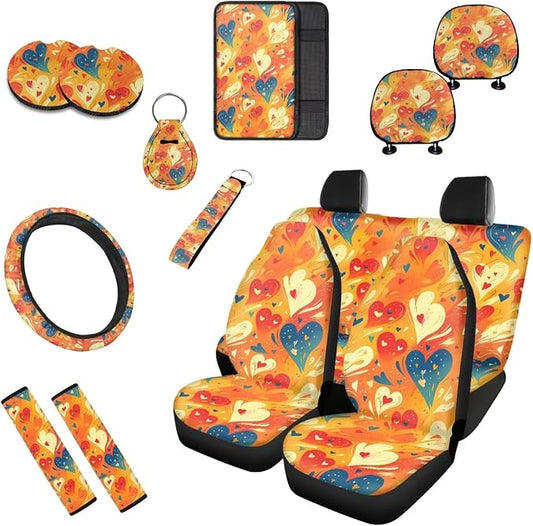 Colorful Heart Auto Seat Protector Cover 13 Set, Gradient Fluid Art Cup Holder Seat Belt Pads, Valentine's Day Lover Heart Keychain for Men Women Auto Truck Van SUV