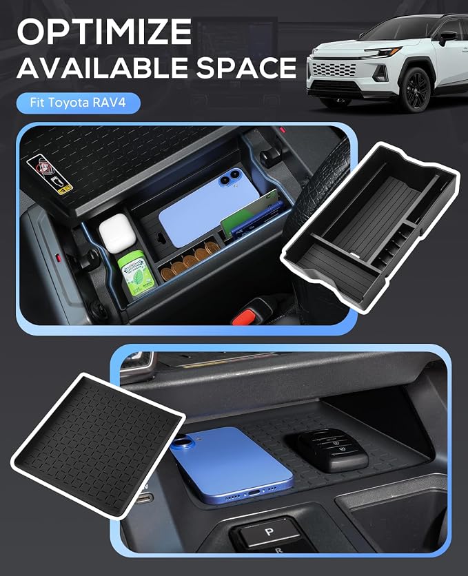 Autorder 2PCS Center Console Organizer Tray for 2026 Toyota RV4 Interior Accessories - ABS Armrest Storage Box & Silicone Lower Center Console Tray - Black