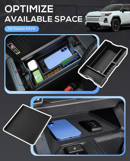 Autorder 2PCS Center Console Organizer Tray for 2026 Toyota RV4 Interior Accessories - ABS Armrest Storage Box & Silicone Lower Center Console Tray - Black