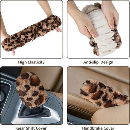 Accmor Fuzzy Car Steering Wheel Cover, Universal Fit Fur Auto Wheel Cover & Handbrake Cover & Gear Shift Cover Set, Leopard Warm Fluffy Vehicle Wheel Protector Car Accessories for Men Women (Brown)
