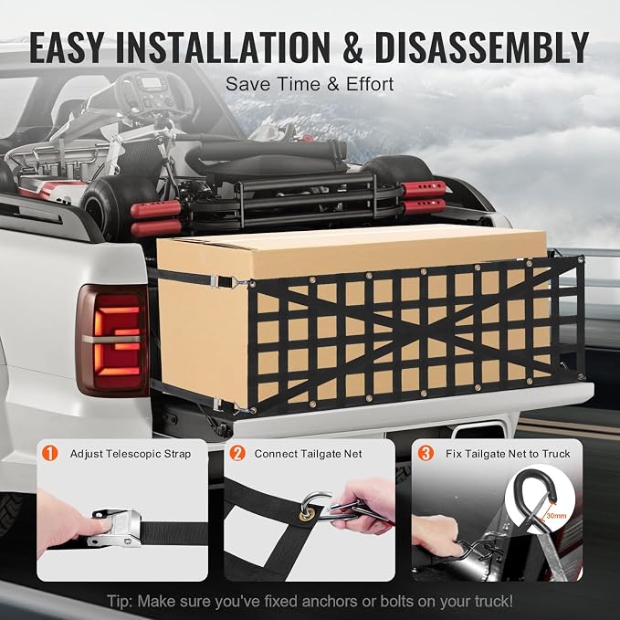 VEVOR Tailgate Net for Truck Bed, 54 in x 18 in, Cargo Net Durable with 4 Adjustable Buckle Straps, Cross-Reinforced Design, Extendable & Durable, Suitable for Truck, Trailer, Pickup, Boat, Jeep, SUV