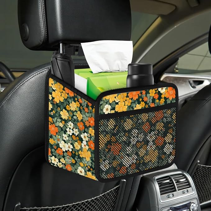 Car Backseat Organizer, PU Leather Back of Seat Cars Hanging Organizer with Pockets Leakproof Car Garbage Bag Hanging Cars Seat Storage Box Travel Accessories Foldable (Flowers Green)