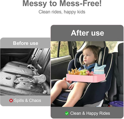 Car Seat Snack Tray for Toddlers - 3 Inch Cup Holder Fits Most Sippy Cups & Straw Bottles with Dip Well, Mess-Free Square Kids Travel Tray Road Trip Essentials, Pink