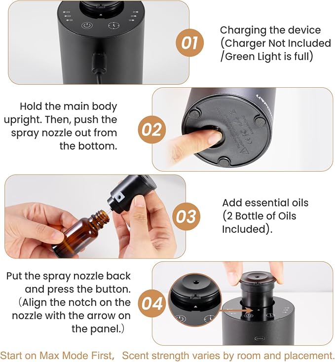 URPOWER Waterless Essential Oil Diffuser: No Water Needed Battery Operated Scent Diffuser - 2 * 20ML Hotel Fragrance Essential Oils - Cordless & Mini Oil Machine Aluminum for Car Home Office(Black)