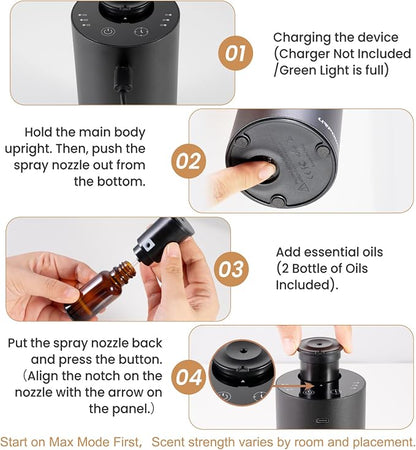 URPOWER Waterless Essential Oil Diffuser: No Water Needed Battery Operated Scent Diffuser - 2 * 20ML Hotel Fragrance Essential Oils - Cordless & Mini Oil Machine Aluminum for Car Home Office(Black)