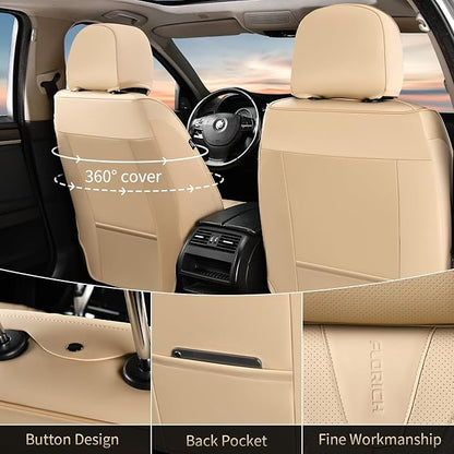 FLORICH Leather Seat Covers, Car Seat Cover Full Set Automotive Seat Covers Waterproof Car Seat Protectors 5 Seats Universal Seat Cover Fit for Most Cars SUV Trucks, Beige