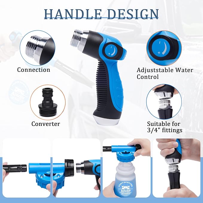 Foam Gun Car Wash Sprayer + Washing Sponge & Absorbent Towel, Hose Nozzle Foam Cannon Car Washing Kit, for Garden Cleaning, Pet Showering (Blue)