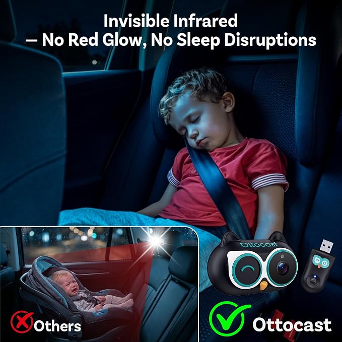 OTTOCAST Cabin Care 2-in-1 Baby Car Camera & Wireless CarPlay Adapter, 1080P Rear Seat View on Car Screen, No Extra Screen, No-Glow Night Vision, 150° Wide Angle, Easy Install, No Android Support