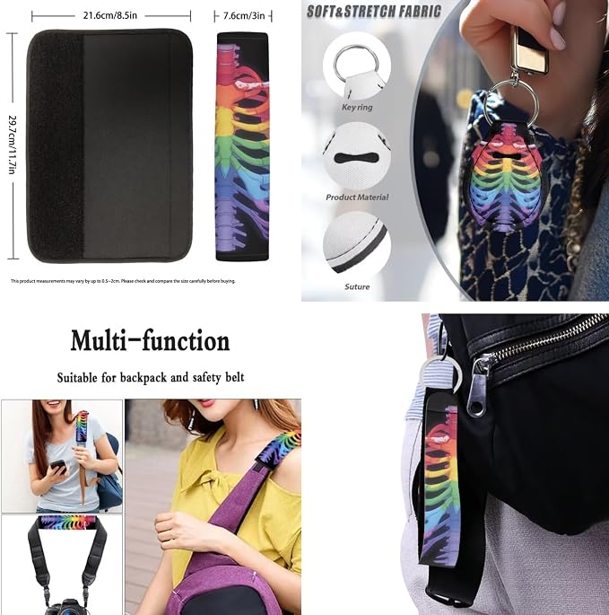 Skeleton Car Seat Covers Full Set, Rainbow Rib Cage Bucket Front Rear Seat Cover for SUV Sedan, LGBTQ Colorful Skeleton Halloween Seatbelt Pads Cup Mat Car Interior Protector