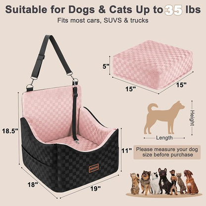 JOEJOY Elevated Dog Car Seat for Small/Medium Dogs up to 35 lbs, Memory Foam Booster Seat with Detachable Washable Cover, Travel-Safe Car Bed with Safety Belts & Storage Pockets, Pink