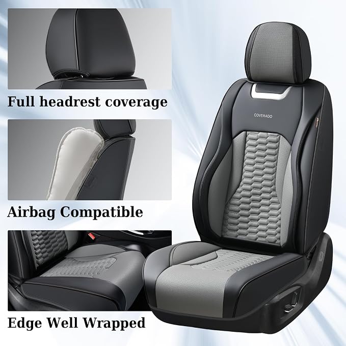 Coverado Car Seat Covers Full Set, 5 Seats Nappa Leather Seat Covers for Cars, Waterproof Automotive Car Seat Covers Interior Accessories Universal Fit Most Sedans, SUVs, Pick-up Trucks(Black&Gray)