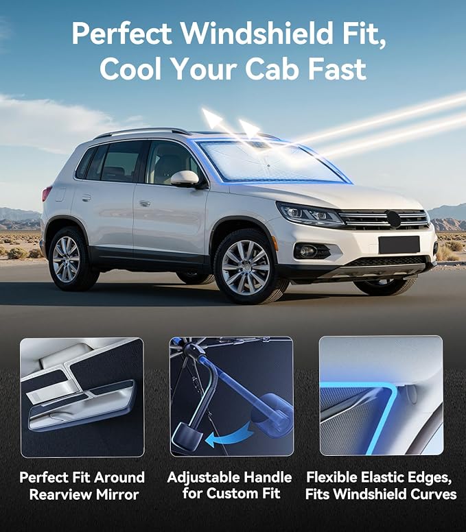Nmoiss Windshield Sun Shade Umbrella Fit for Volkswagen Tiguan 2009-2026 Accessories, [Vinyl Coating Heat Shield] Protect Car from Sun Rays & Heat Damage Keep Cool and Protect Interior