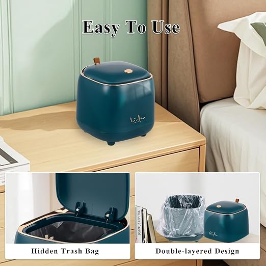 Mini Desktop Trash Can Desktop Waste Bin with Press Type Lid Wastebasket Rubbish Bin for Home& Office(Dark Green)