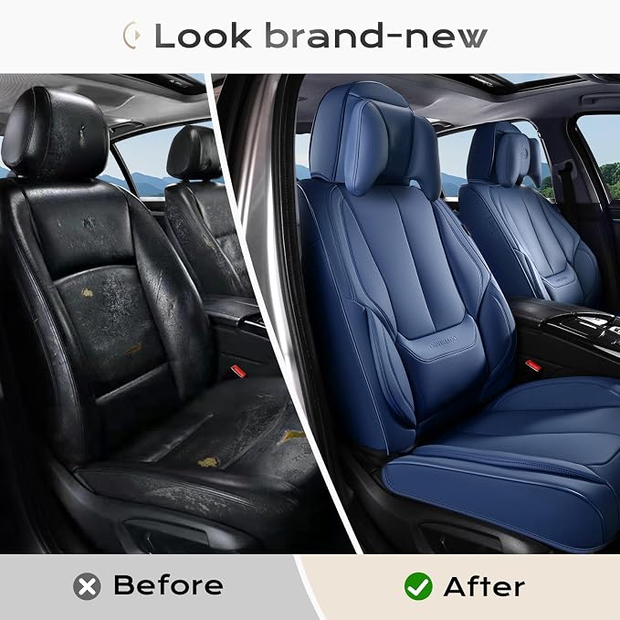 Coverado Seat Covers, Car Seat Covers Front Seats, Car Seat Cover, Car Seat Protector Waterproof, Seat Cushion Nappa Leather with Head Pillow, Carseat Cover Universal Fit for Most Cars (Blue)