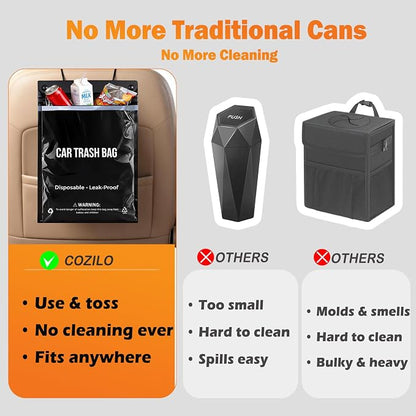50 Count Recycled Disposable Car Trash Bags - 2.5 Gallon Heavy Duty Alternative to Bulky Car Trash Can & Car Garbage Can, Leakproof Smellproof Hanging & Stick-On Garbage Bag for Car, SUV, Truck