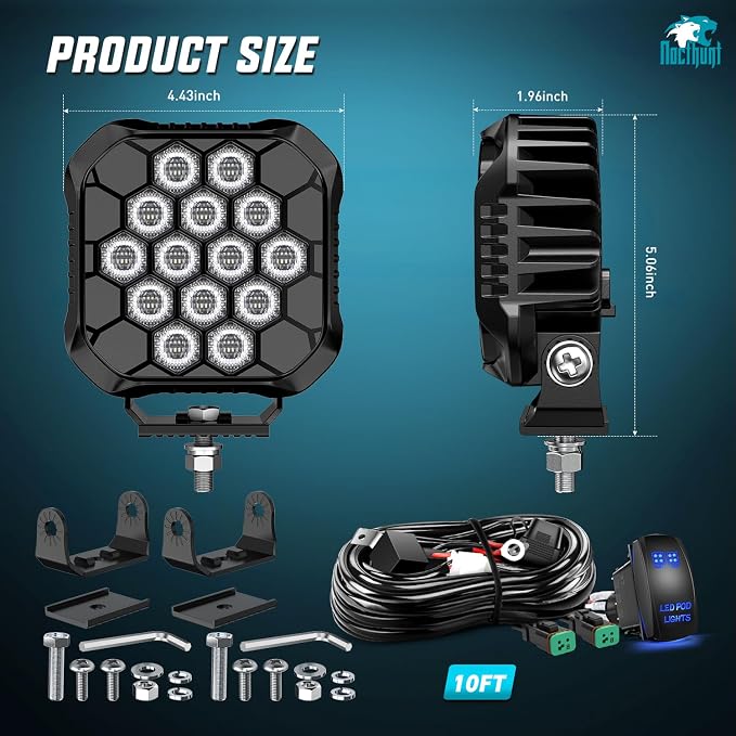Nilight LED Pod Light 2 PCS 4.4 Inch 90 W 18 LED Square Hyper Flood Beam Offroad Driving Lights w/14 AWG Rocker Switch Wiring Harness Kit for Truck Motorbike Boat ATV UTV