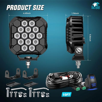 Nilight LED Pod Light 2 PCS 4.4 Inch 90 W 18 LED Square Hyper Flood Beam Offroad Driving Lights w/14 AWG Rocker Switch Wiring Harness Kit for Truck Motorbike Boat ATV UTV