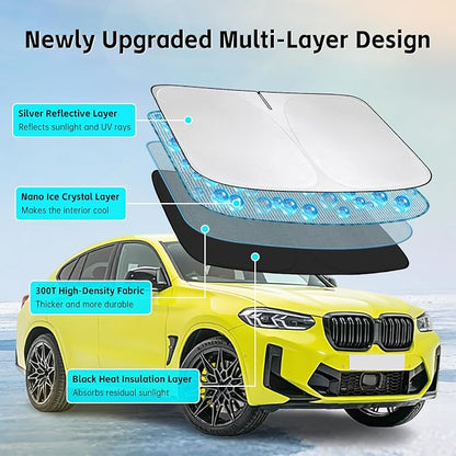 Windshield Sun Shade for BMW X4 2015-2026 Sunshade 300T Windshield Cover Shield Protector Blocks UV Rays Custom Fit X4 Front Window Shades Windshield Accessories Keep Cool Foldable