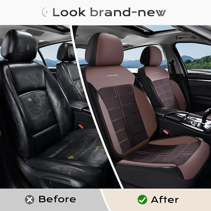 Coverado Air Mesh Seat Cover, Car Seat Cover Front Seats, 3D Breathable Seat Protectors Sports Carbon Fiber Design Airbag Compatible Comfort Universal for Most Cars, Van,Trucks, SUV, Brown