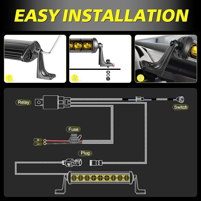 12 Inch Amber Light Bar Kit w/Wiring Harness Black Cover | 63W Powerful OSRAM LED Slim Single Row Light Bar Combo Yellow LED Bumper Lights for UTV ATV SUV Trucks Pickup Can-am Honda