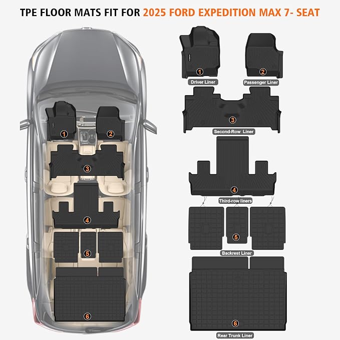 All Weather Car Floor Mats Cargo Liner with Backrest Mat for 2025 Ford Expedition Max 7 Seats, TPE Rubber Liners Full Set Automotive Mats for 2025 Expedition Max Accessories