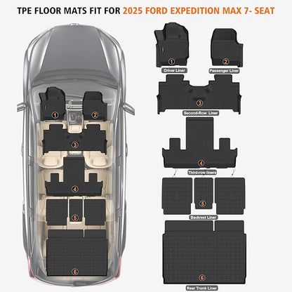 All Weather Car Floor Mats Cargo Liner with Backrest Mat for 2025 Ford Expedition Max 7 Seats, TPE Rubber Liners Full Set Automotive Mats for 2025 Expedition Max Accessories