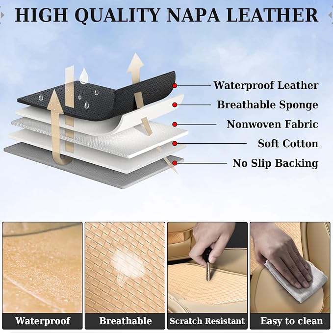 Coverado Seat Covers, Car Seat Covers Front Seats, Waterproof Nappa Leather Auto Seat Cover with Lumbar Head Pillow, Beige Seat Covers Carseat Cover Universal Fit for Most Cars