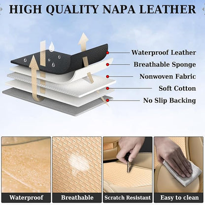 Coverado Seat Covers, Car Seat Covers Front Seats, Waterproof Nappa Leather Auto Seat Cover with Lumbar Head Pillow, Beige Seat Covers Carseat Cover Universal Fit for Most Cars