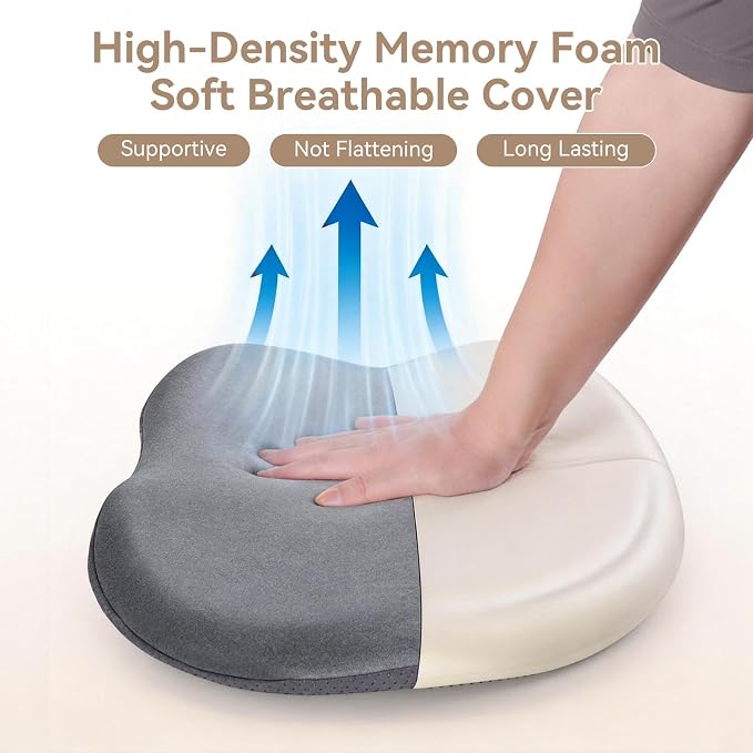 Memory Foam Seat Cushion with Pressure Relief for Office Chair, Car, Wheelchair, and Sofa, Doctor Recommended Orthopedic Cushion for Tailbone Pain, Sciatica, Hip Back Support, Non Slip, Grey