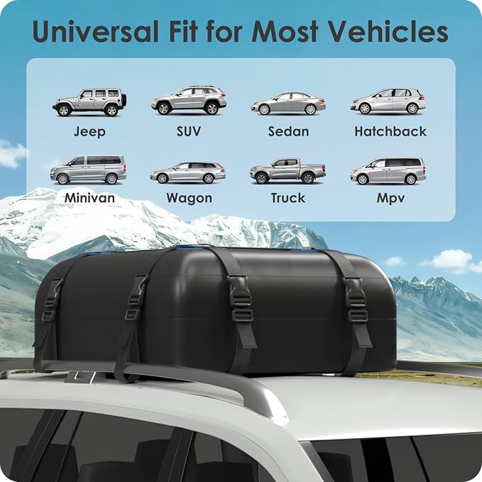 Car Rooftop Cargo Carrier Bag 15 Cubic Feet, 100% Waterproof Heavy Duty Car Roof Bag for All Vehicle with/Without Racks - Anti-Slip Mat, 4 Door Hooks, Storage Bags, 4PCS 3.8CM Straps(Blue)