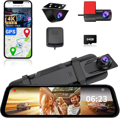 3 Channel Mirror Dash Camera, 4K/3K+2.5K/1080p+1080p Rear View Mirror Camera with GPS, APP Control, WDR Night Vision, G-Sensor, Loop Recording, 24 Hours Parking Monitor, 64GB Card Included