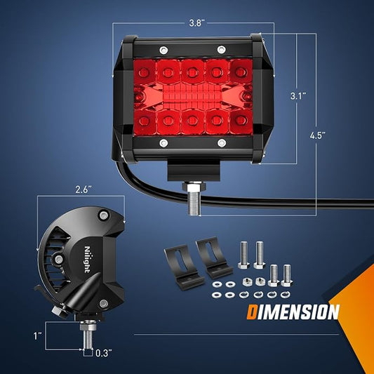 Nilight 4 inch LED Light Pod Red Triple Row 2PCS 60W Flood Spot Combo Driving Fog Lights Fishing Hunting Emergency Safety Signal Deck Trailer Lighting for UTV Pick-up Van Boat Tractor