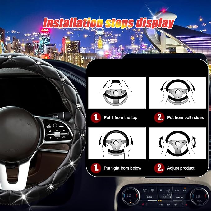 SuperKaKa Black Steering Wheel Cover 2026, Auto Cute Girly Diamond Bling Comfort Leather Car Interior Accessories Protector Sparkly Automotive Decoration for Women Men