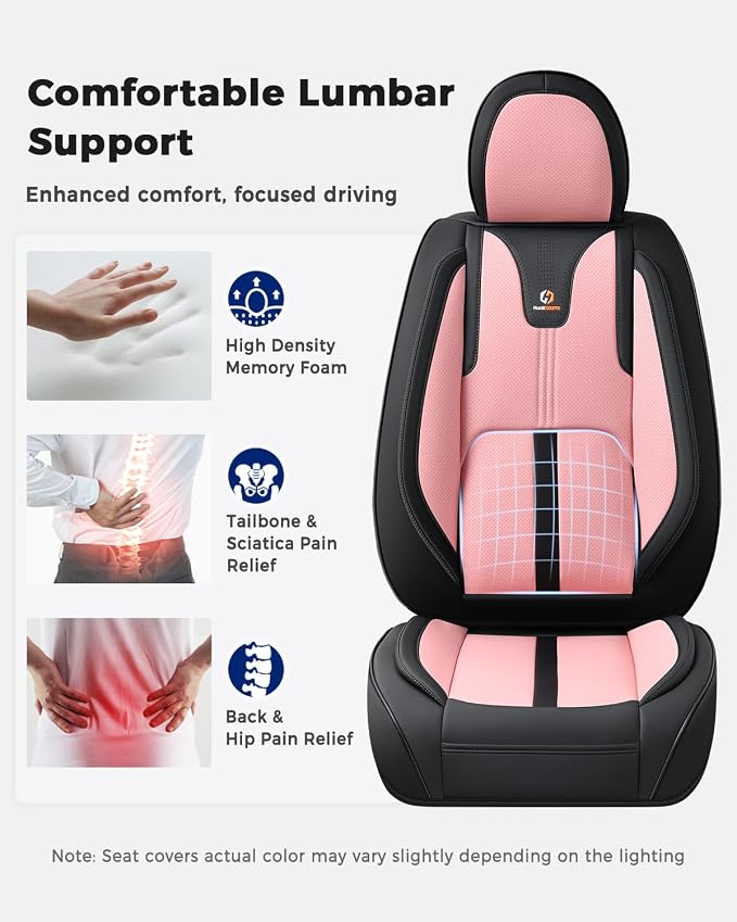 Huidasource Seat Covers Full Set Luxury Nappa Leather, Seat Covers with Velcro Adjustable, Airbag, Lumbar Support, Cooling＆Heating, Car Seat Cover Set Universal Fit for Most Cars SUV Trucks Black＆Pink