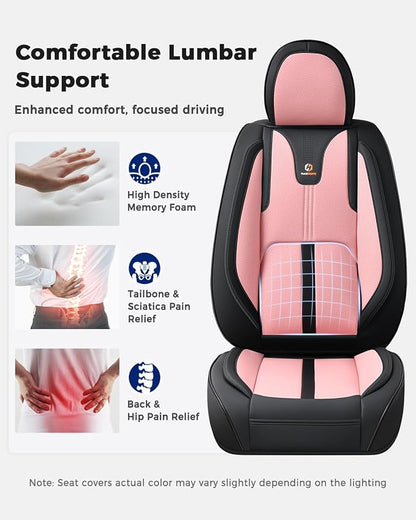 Huidasource Seat Covers Full Set Luxury Nappa Leather, Seat Covers with Velcro Adjustable, Airbag, Lumbar Support, Cooling＆Heating, Car Seat Cover Set Universal Fit for Most Cars SUV Trucks Black＆Pink