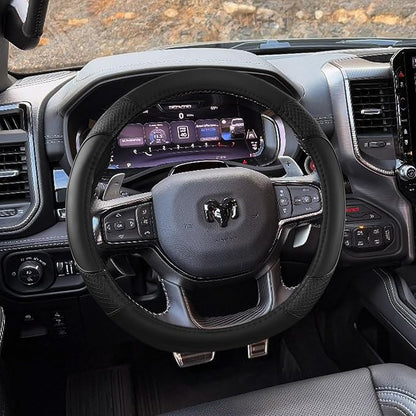 Steering Wheel Cover for Dodge RAM 1500, 2500, 3500 - Premium Microfiber Leather Auto Car Accessory with Non-Slip Grip, Rugged Durability & Interior Upgrade, 15.5-16 inch (Black-Large Size)