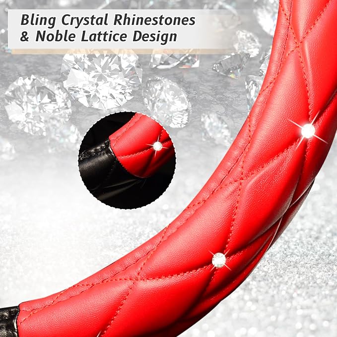 KAFEEK Diamond Soft Leather Steering Wheel Cover with Bling Bling Crystal Rhinestones, Universal 15 inch, Black Red