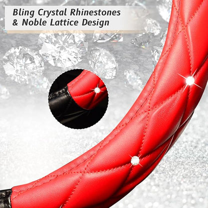 KAFEEK Diamond Soft Leather Steering Wheel Cover with Bling Bling Crystal Rhinestones, Universal 15 inch, Black Red