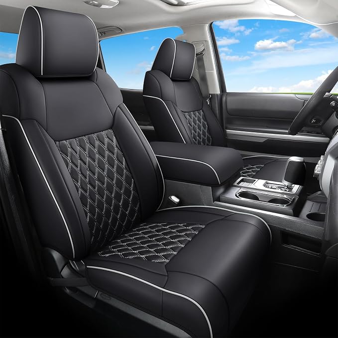 Huidasource Tacoma Front&Back Seat Covers Full Set, Automotive Leather Car Seat Cushion Cover Fit for 2005-2015 Double&Crew Cab 2nd Gen Toyota Tacoma Base SR5 Limited TRD Sport(Full Set/Black&White)