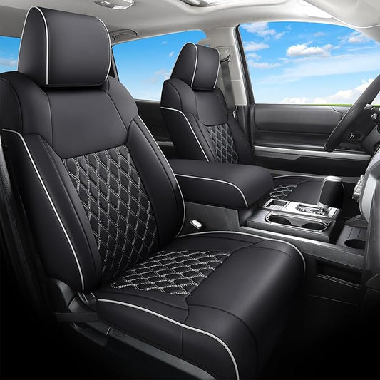 Huidasource Tacoma Seat Covers Full Set, Nappa Leather Pickup Seat Cushion Cover Fit for Toyota Tacoma 2024-2026 Double&Crew Cab SR SR5 Limited TRD Sport/Off Road Trailhunter (Full Set/Black&White)
