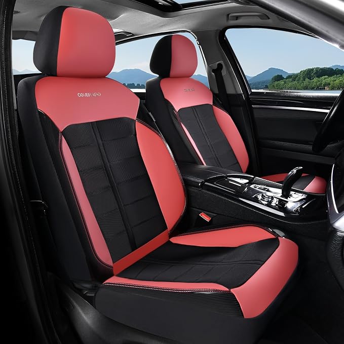 Coverado Seat Cover, Car Seat Cover Front Seats, 3D Air Mesh Breathable Seat Protectors Sports Carbon Fiber Design Airbag Compatible Comfort Universal for Most Cars, Van,Trucks, SUV, Black&Wine