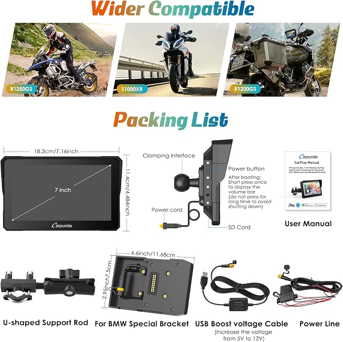 Carpuride W702B Motorcycle Carplay Screen for BMW R1200GS R1250GS S1000XR Motorcycle, 7 inch Waterproof Touchscreen, Portable Carplay/Android Auto GPS Navigation for Motorbike, Dual Bluetooth