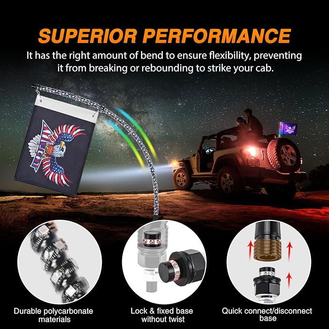 Nilight RGB Whip Light 1PC 2FT Lighted Antenna Whips with Remote & App Control DIY Chasing Patterns Brake Reverse Lights for ATV UTV Polaris RZR Can-am Dune Buggy Pickup Trucks Jeep