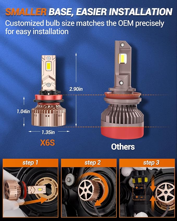 SEALIGHT X6S H11 LED Headlight Bulbs, 15X 84000LM Brightness Light Bulbs, 6000K Cool White with 25000RPM Cool Fan, 5Mins Plug-N-Play, 10-Year Extended Lifespan IP68 Waterproof, Pack of 2