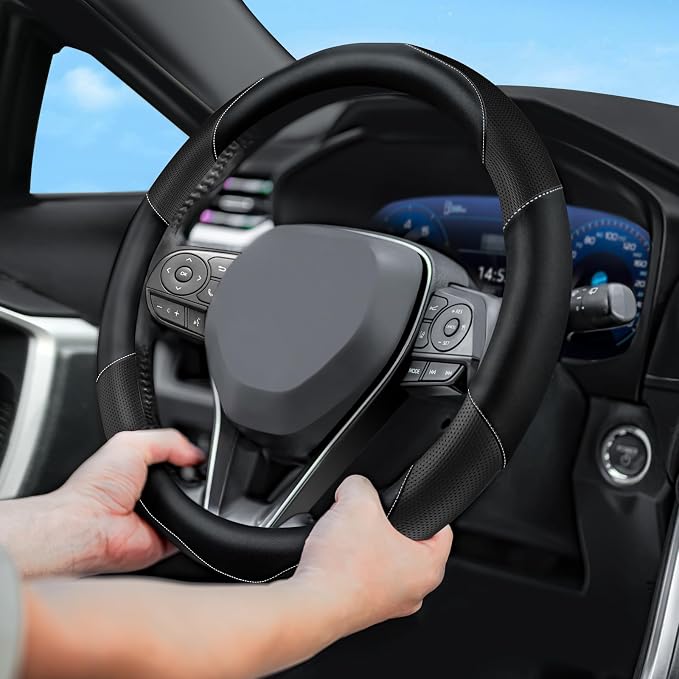 Soft Leather Steering Wheel Cover with Breathable Design and Anti-Slip Grip, Fully Compatible with Tesla, Toyota, Honda, Nissan 14.5-15.2 inch Round Steering Wheel（Sedans and SUVs）