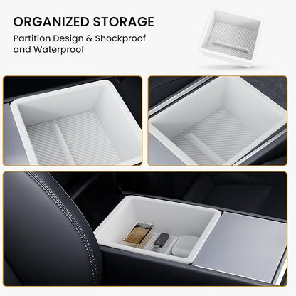 BANKKY 2PCS Center Console Organizer for Tesla Model 3 Highland 2024-2026 & Model Y Juniper 2025-2026, White Armrest Storage Tray with Anti-Slip Liner, ABS Tesla Accessories